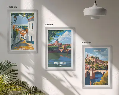 Gerahmtes Bilderset mit Retro-Stadtgrafiken