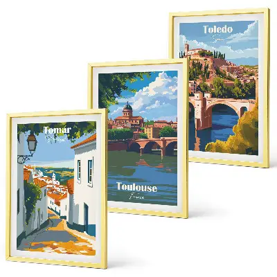 Gerahmtes Bilderset mit Retro-Stadtgrafiken