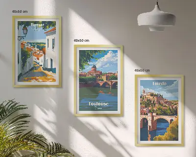 Gerahmtes Bilderset mit Retro-Stadtgrafiken
