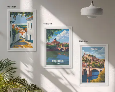 Gerahmtes Bilderset mit Retro-Stadtgrafiken