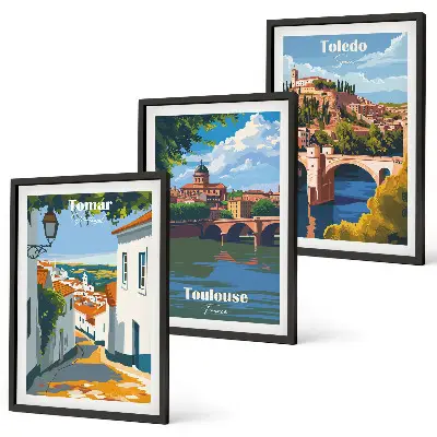 Gerahmtes Bilderset mit Retro-Stadtgrafiken