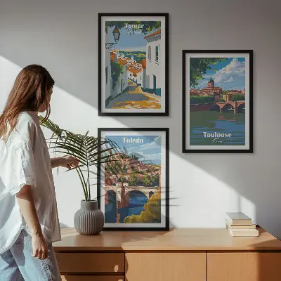 Gerahmtes Bilderset mit Retro-Stadtgrafiken