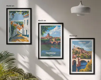 Gerahmtes Bilderset mit Retro-Stadtgrafiken