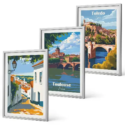Gerahmtes Bilderset mit Retro-Stadtgrafiken