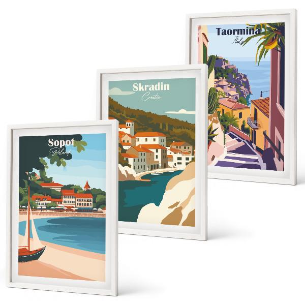 Bilder-3er-set mit rahmen Illustrationen von Küstenstädten