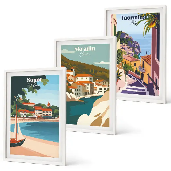 3er-Set Bilder mit Rahmen mit Illustrationen von Küstenstädten