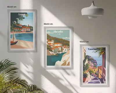 3er-Set Bilder mit Rahmen mit Illustrationen von Küstenstädten
