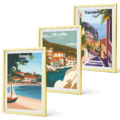 3er-Set Bilder mit Rahmen mit Illustrationen von Küstenstädten