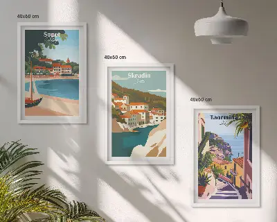3er-Set Bilder mit Rahmen mit Illustrationen von Küstenstädten