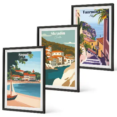 3er-Set Bilder mit Rahmen mit Illustrationen von Küstenstädten