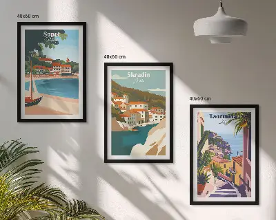 3er-Set Bilder mit Rahmen mit Illustrationen von Küstenstädten