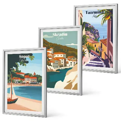 3er-Set Bilder mit Rahmen mit Illustrationen von Küstenstädten