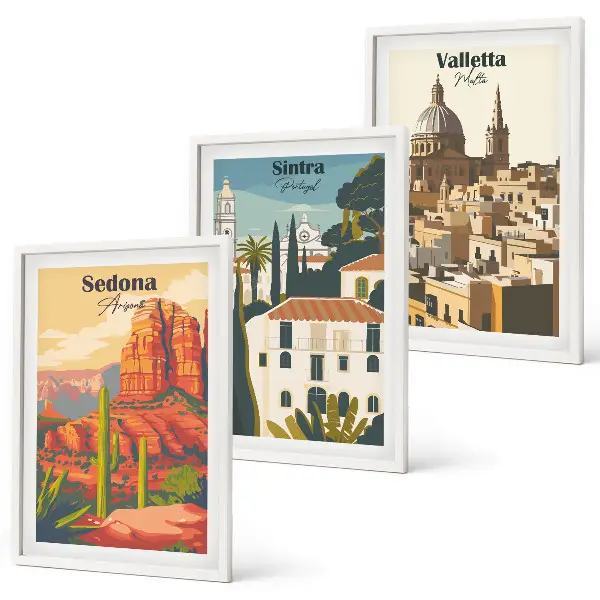 Gerahmtes Bilderset mit Ansichten von Sedona, Sintra und Valletta im Retro-Stil