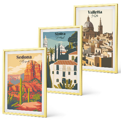 Gerahmtes bilderset Ansichten Sedona Sintra Valletta Retro