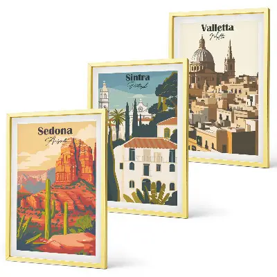 Gerahmtes Bilderset mit Ansichten von Sedona, Sintra und Valletta im Retro-Stil