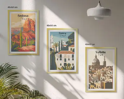 Gerahmtes Bilderset mit Ansichten von Sedona, Sintra und Valletta im Retro-Stil