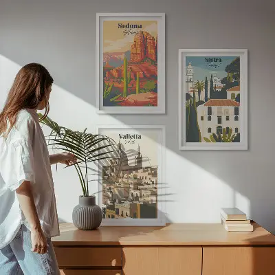 Gerahmtes Bilderset mit Ansichten von Sedona, Sintra und Valletta im Retro-Stil