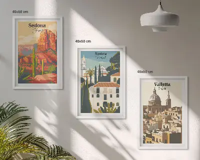 Gerahmtes Bilderset mit Ansichten von Sedona, Sintra und Valletta im Retro-Stil