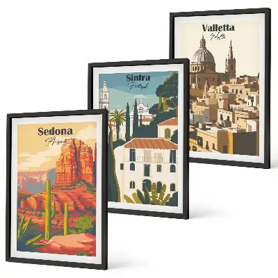 Gerahmtes Bilderset mit Ansichten von Sedona, Sintra und Valletta im Retro-Stil