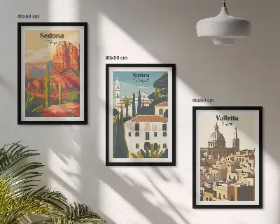 Gerahmtes Bilderset mit Ansichten von Sedona, Sintra und Valletta im Retro-Stil