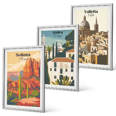 Gerahmtes Bilderset mit Ansichten von Sedona, Sintra und Valletta im Retro-Stil