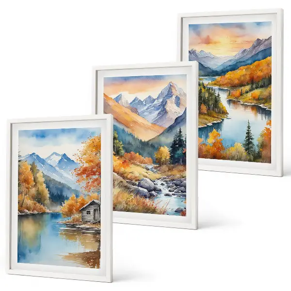3er-Set Bilder mit Rahmen Motiv Berglandschaft mit Fluss im Herbst