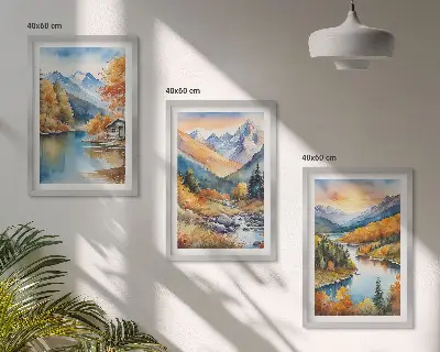 3er-Set Bilder mit Rahmen Motiv Berglandschaft mit Fluss im Herbst