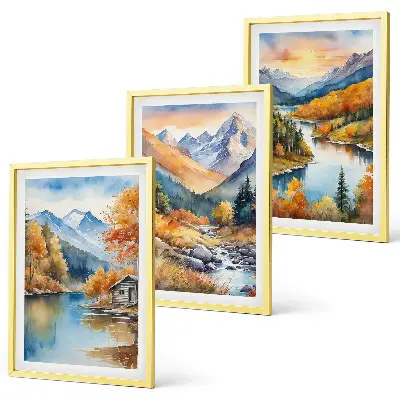 3er-Set Bilder mit Rahmen Motiv Berglandschaft mit Fluss im Herbst