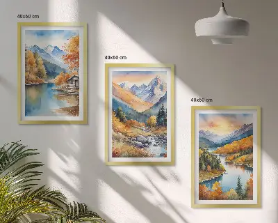 3er-Set Bilder mit Rahmen Motiv Berglandschaft mit Fluss im Herbst