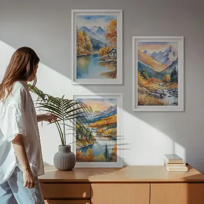 3er-Set Bilder mit Rahmen Motiv Berglandschaft mit Fluss im Herbst
