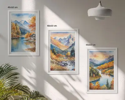 3er-Set Bilder mit Rahmen Motiv Berglandschaft mit Fluss im Herbst