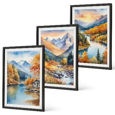 3er-Set Bilder mit Rahmen Motiv Berglandschaft mit Fluss im Herbst