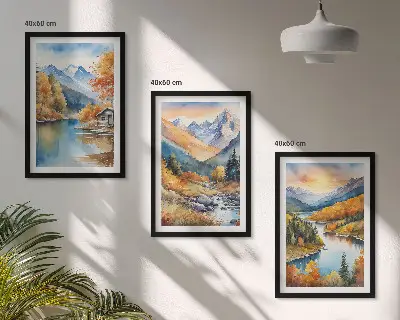 3er-Set Bilder mit Rahmen Motiv Berglandschaft mit Fluss im Herbst