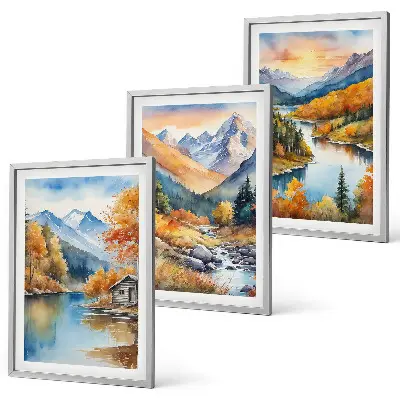 3er-Set Bilder mit Rahmen Motiv Berglandschaft mit Fluss im Herbst