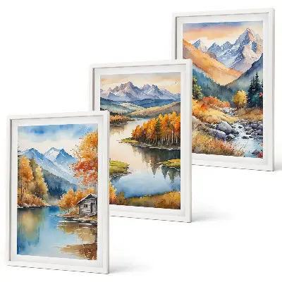 Gerahmtes Bilderset mit Gebirgsflüssen und Herbstbäumen