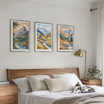 Berglandschaft mit Fluss 3er-Set Bilder mit Rahmen
