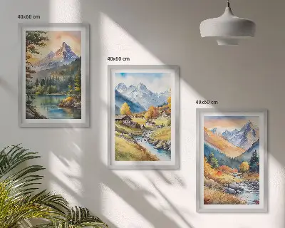 Berglandschaft mit Fluss 3er-Set Bilder mit Rahmen