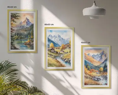 Berglandschaft mit Fluss 3er-Set Bilder mit Rahmen