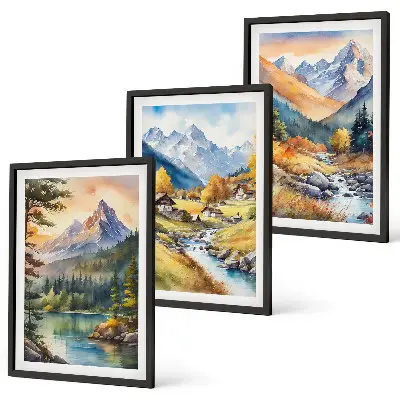 Berglandschaft mit Fluss 3er-Set Bilder mit Rahmen