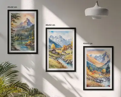 Berglandschaft mit Fluss 3er-Set Bilder mit Rahmen