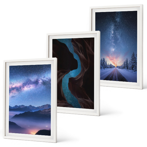 Bilder-3er-set mit rahmen Nachthimmel, Berge, Winterlandschaft