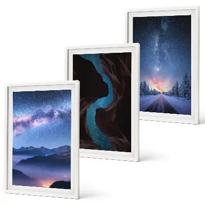 3er-Set Bilder mit Rahmen mit Motiven von Nachthimmel, Bergen und Winterlandschaft