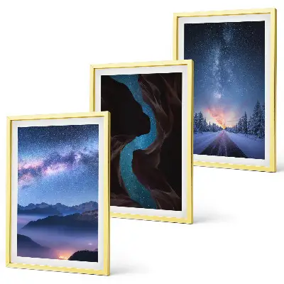 3er-Set Bilder mit Rahmen mit Motiven von Nachthimmel, Bergen und Winterlandschaft