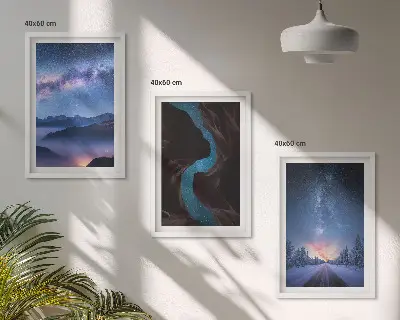 3er-Set Bilder mit Rahmen mit Motiven von Nachthimmel, Bergen und Winterlandschaft