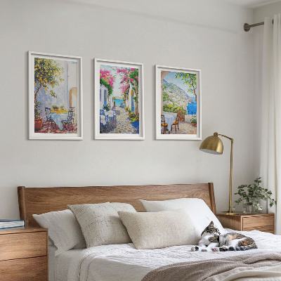 Bilder-3er-set mit rahmen Charmante Straßen, Pflanzen, Meer