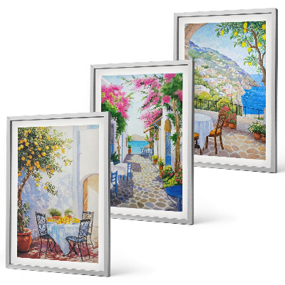 Bilder-3er-set mit rahmen Charmante Straßen, Pflanzen, Meer