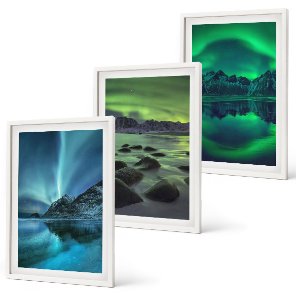 Bilder-3er-set mit rahmen Winterlandschaft der Aurora borealis