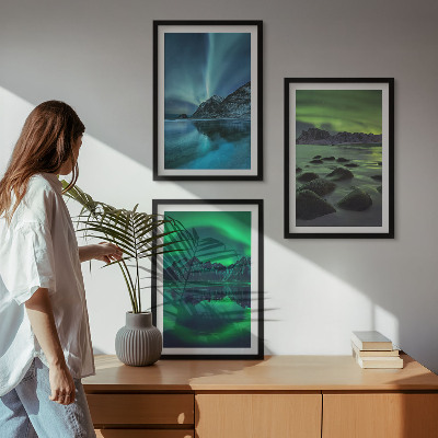 Bilder-3er-set mit rahmen Winterlandschaft der Aurora borealis