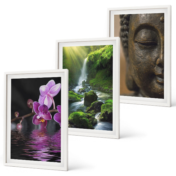 Gerahmtes bilderset Blumen, Wasserfall, Buddha-Felsen, Zen