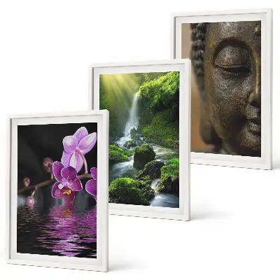 Gerahmtes Bilderset mit Motiven von Blumen, Wasserfall und Zen-Buddha-Felsen